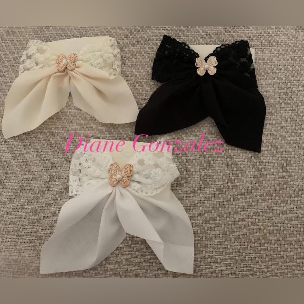 Elegant Lace Bow Hair Clips Set - Black, White, Cream